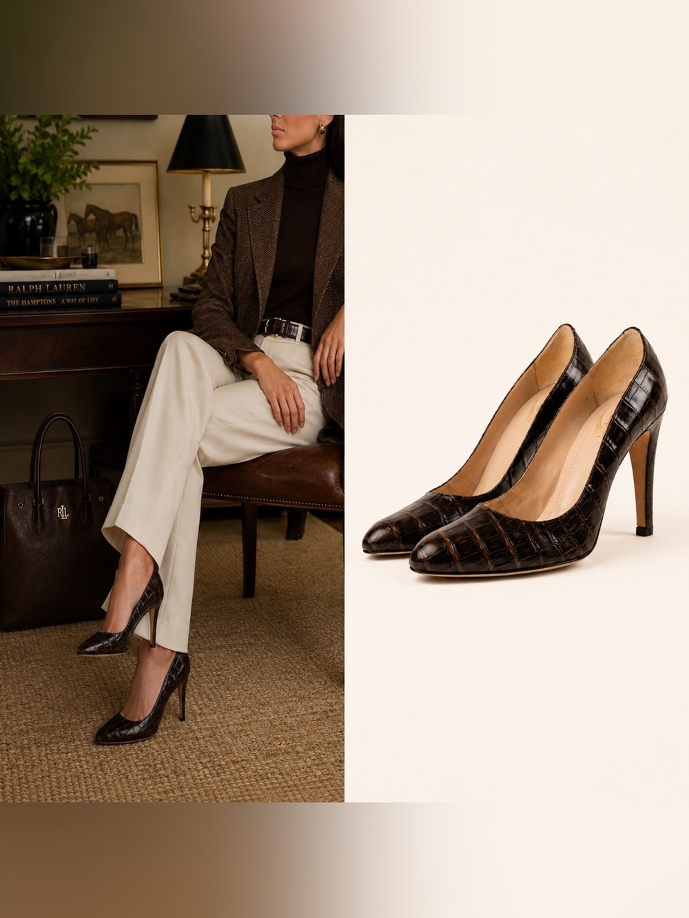 René Caovilla Venezia Mock Croc Leather Pumps Italy Rich Brown Heels Size 40